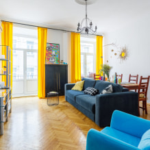 Žluté závěsy v interiéru: typy, látky, barva, design, dekor, kombinace s barvou tapety-6