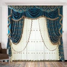Designideer til lambrequins til hallen: typer, mønstre, form, materiale og kombinationer med gardiner-7