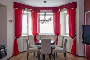 Røde gardiner i interiøret: typer, stoffer, design, kombination med tapet, indretning, stil