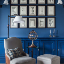 Warna biru di pedalaman: kombinasi, pilihan gaya, hiasan, perabot, langsir dan hiasan-0