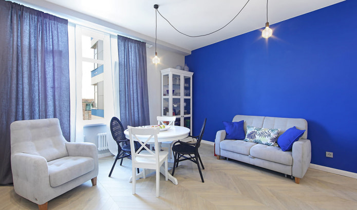Sininen väri sisätiloissa: yhdistelmä, tyylin valinta, sisustus, huonekalut, verhot ja sisustus