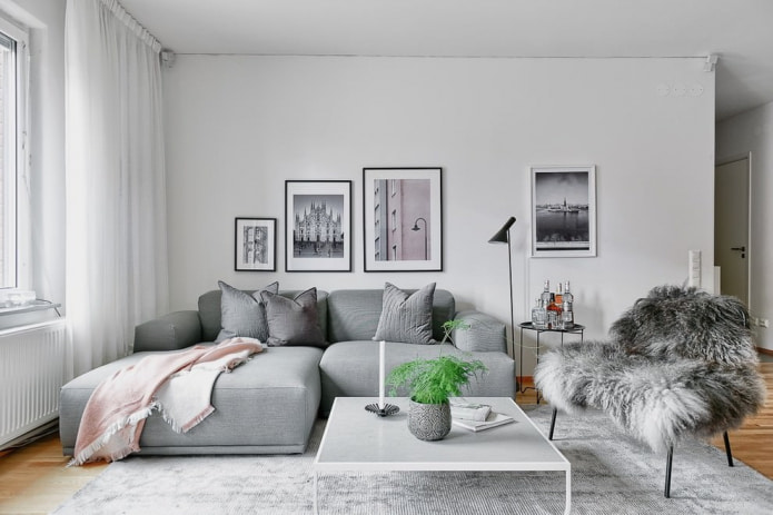 Pilka sofa interjere: tipai, nuotraukos, dizainas, derinys su tapetais, užuolaidomis, dekoru
