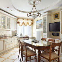 Dvouúrovňový strop v kuchyni: typy, design, barva, možnosti tvaru, osvětlení-7