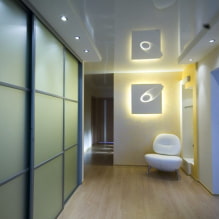 Опънат таван в коридора и коридора: видове конструкции, текстури, форми, осветление, цвят, дизайн-4