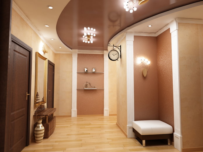 Stretch strop na chodbě a chodbě: typy konstrukcí, textury, tvary, osvětlení, barvy, design