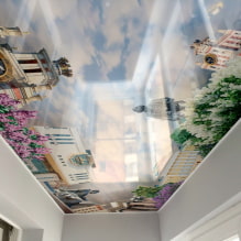 Τεντωμένες οροφές με εκτύπωση φωτογραφιών: τύποι, ιδέες σχεδιασμού, σχέδια (φύση, λουλούδια, ζώα κ.λπ.), φωτισμός-2