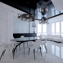 Черно-бял опънат таван: видове конструкции, текстури, форми, опции за дизайн-5