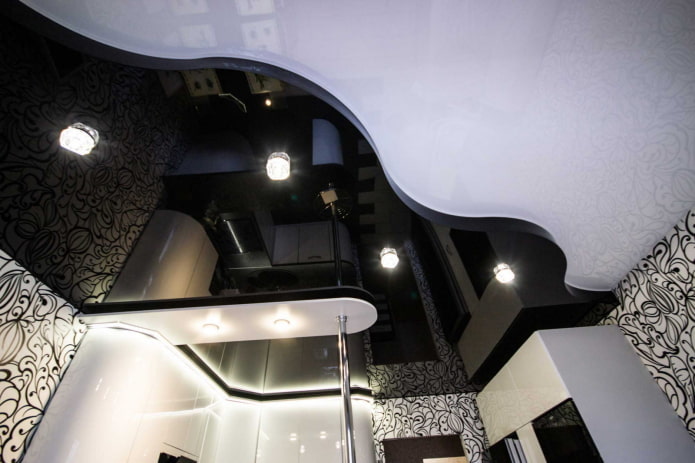 Siyah beyaz gergi tavan: yapı türleri, dokular, şekiller, tasarım seçenekleri