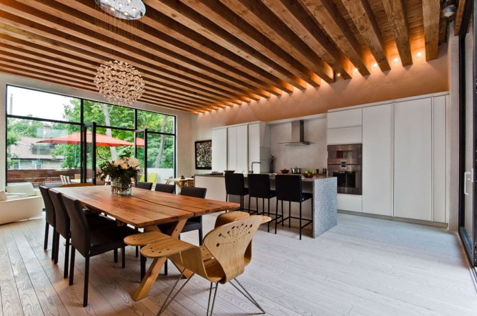 Soffitto in legno: tipi, design, colore, illuminazione, esempi in stili loft, minimalismo, classico, provenza