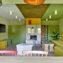 السقف الأخضر: التصميم ، الظلال ، التركيبات ، الأنواع (التمدد ، الحوائط الجافة ، الطلاء ، ورق الحائط) -0