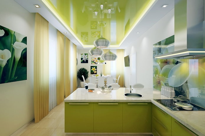 Groen plafond: ontwerp, tinten, combinaties, typen (stretch, gipsplaten, schilderen, behang)