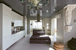 Šedý strop v interiéru: design, pohledy (matné, lesklé, saténové), osvětlení, kombinace se stěnami