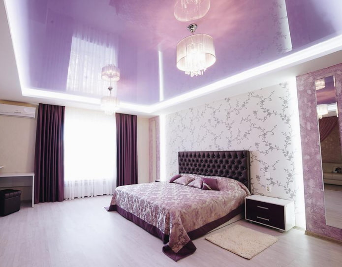 Lilac strop: typy (stretch, sádrokarton atd.), Kombinace, design, osvětlení