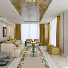 Griestu apdare viesistabā: konstrukciju veidi, formas, krāsa un dizains, apgaismojuma idejas-0