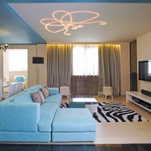 Stropní dekorace v obývacím pokoji: typy konstrukcí, tvary, barvy a design, nápady na osvětlení-2