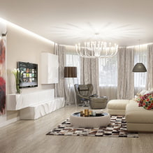 קישוט תקרה בסלון: סוגי מבנים, צורות, צבע ועיצוב, רעיונות תאורה -3