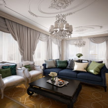 Stropná dekorácia v obývacej izbe: typy štruktúr, tvary, farba a dizajn, nápady na osvetlenie-5