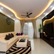 Stropní dekorace v obývacím pokoji: typy konstrukcí, tvary, barvy a design, nápady na osvětlení-7