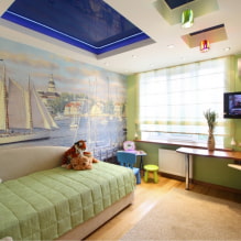 Consells per triar un sostre en una habitació infantil: tipus, color, disseny i dibuixos, formes arrissades, il·luminació-0