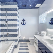 תקרה בחדר האמבטיה: סוגי גימורים לפי חומר, עיצוב, צבע, עיצוב, תאורה -4