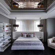 Sufit w sypialni: wzór, rodzaje, kolor, kręcone wzory, oświetlenie, przykłady we wnętrzu-2