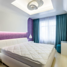 תקרה בחדר השינה: עיצוב, סוגים, צבע, עיצובים מתולתלים, תאורה, דוגמאות בפנים -7