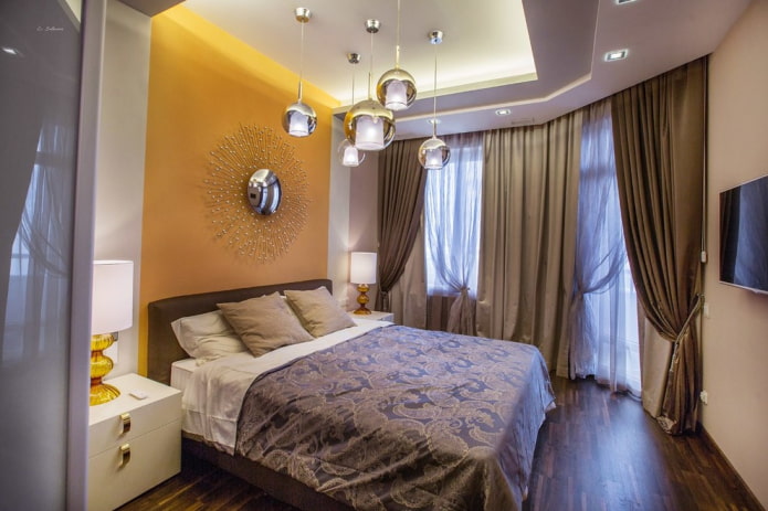 Trần trong phòng ngủ: thiết kế, chủng loại, màu sắc, kiểu dáng xoăn, ánh sáng, ví dụ trong nội thất