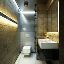 Griesti tualetē: veidi pēc materiāla, konstrukcijas, tekstūras, krāsas, dizaina, apgaismojuma-5