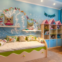 Decoració de parets a l'habitació infantil: tipus de materials, color, decoració, fotografia a l'interior-0