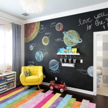 Decoració de parets a l'habitació infantil: tipus de materials, color, decoració, fotografia a l'interior-5