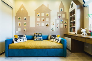 Nástěnná dekorace v dětském pokoji: druhy materiálů, barva, dekor, fotografie v interiéru
