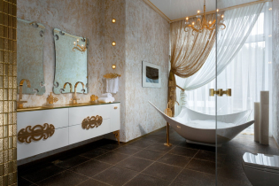Guix decoratiu al bany: tipus, color, disseny, opcions d'acabat (parets, sostre)
