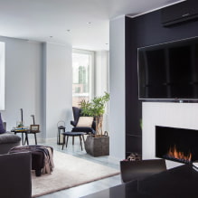Saló amb llar de foc i TV: vistes, opcions d’ubicació a la paret, idees per a un apartament i una casa-0