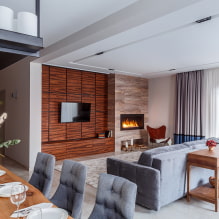 Salon avec cheminée et TV : vues, possibilités d'emplacement au mur, idées pour un appartement et une maison-6