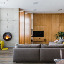 Saló amb llar de foc i TV: vistes, opcions d’ubicació a la paret, idees per a un apartament i una casa-7
