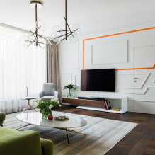 TV di ruang tamu: foto, pilihan lokasi, pilihan reka bentuk dinding di ruang sekitar TV-5