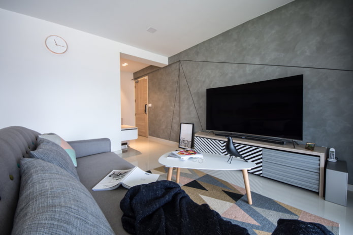 TV a la sala d'estar: foto, elecció de la ubicació, opcions de disseny de parets al vestíbul al voltant del televisor