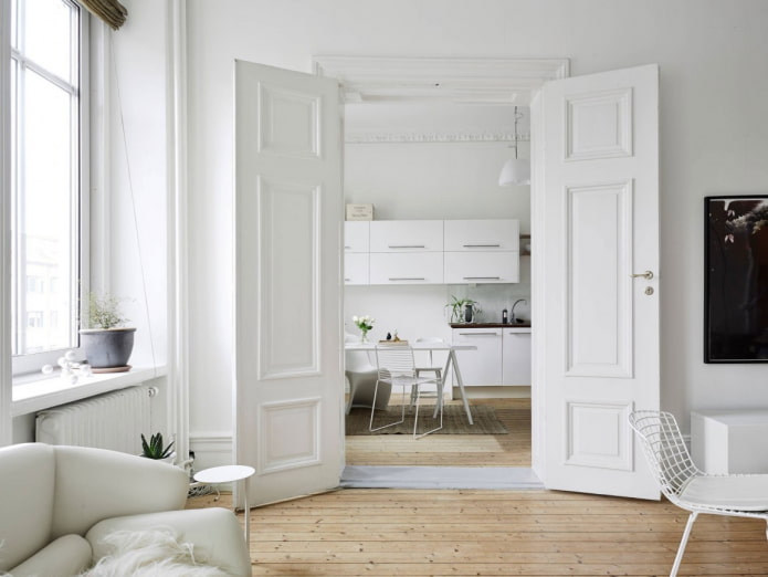 Portes blanques a l'interior: tipus, disseny, accessoris, combinació amb el color de les parets, terra