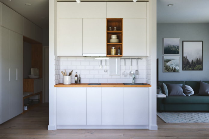 Niche dapur di apartmen: reka bentuk, bentuk dan lokasi, warna, pilihan pencahayaan