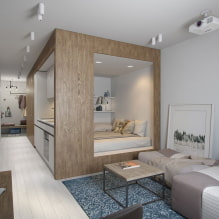 تصميم شقة من غرفة واحدة مع مكانة مناسبة: الصورة ، التخطيط ، ترتيب الأثاث - 8