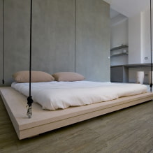 Tempat tidur terapung di pedalaman: jenis, bentuk, reka bentuk, pilihan lampu latar-7