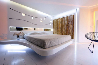 Giường nổi trong nội thất: loại, hình dạng, thiết kế, tùy chọn đèn nền