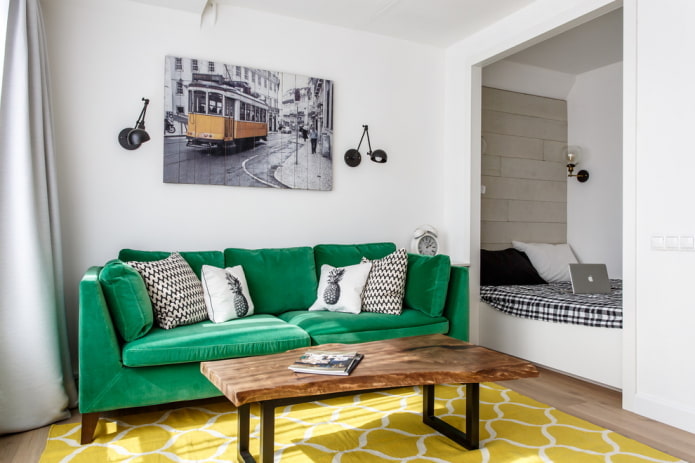 Giường trong phòng khách: loại, hình dạng và kích thước, ý tưởng thiết kế, tùy chọn vị trí