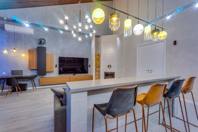 Barový pult v obývacím pokoji: typy, tvary, možnosti umístění, barvy, materiály, design