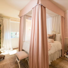Легло с балдахин: видове, избор на плат, дизайн, стилове, примери в спалнята и детската стая-3