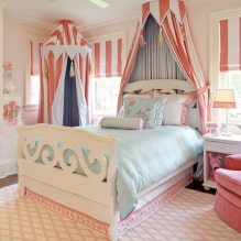 Tempat tidur empat tiang: jenis, pilihan kain, reka bentuk, gaya, contoh di bilik tidur dan taska-7