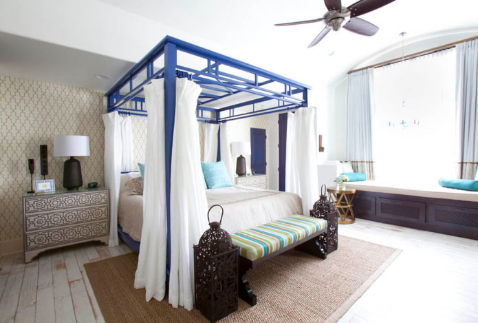 Tempat tidur kanopi: jenis, pilihan kain, reka bentuk, gaya, contoh di bilik tidur dan tapak semaian