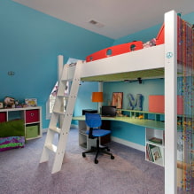 Bēniņu gulta: fotogrāfijas, veidi, krāsas, dizains, stili, materiāli, piemēri ar kāpnēm, -5