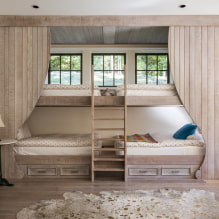מיטות קומותיים לילדים: תמונות בפנים, סוגים, חומרים, צורות, צבעים, עיצוב -7