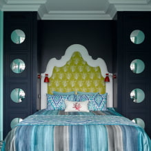 Capçal d'un dormitori: fotos a l'interior, tipus, materials, colors, formes, decoració -5